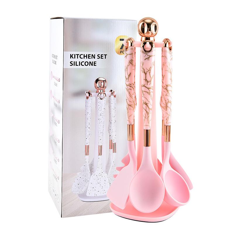 סט כלי מטבח סיליקון לבישול 7 חלקים עם מחבת נון-סטיק, מרית, כף, מושב מסתובב ומדף אחסון