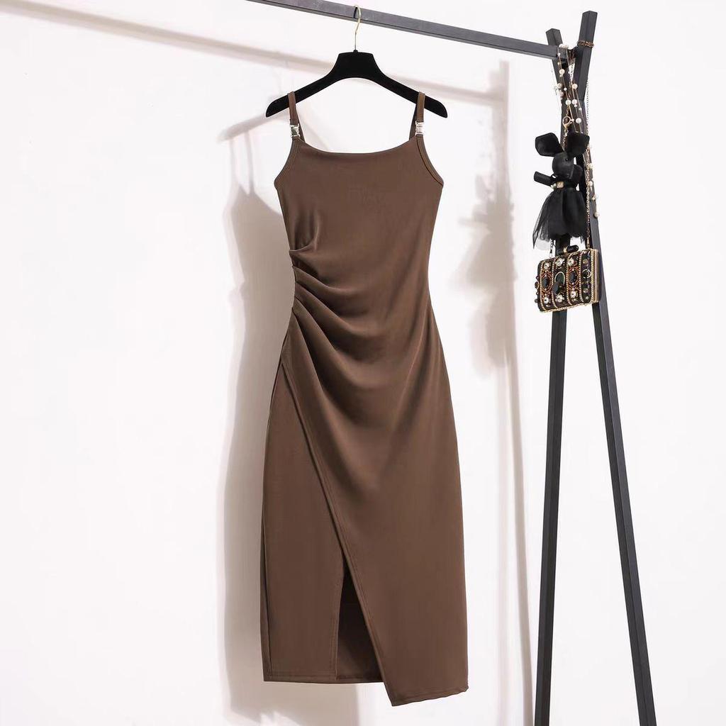 Plus Size Slimming Camisole Dress - Women's Waist-Cinched Spring/Summer Slit Outerwear Skirt