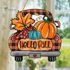 Retro Plaid Pickup Truck Decor Hello Fall Wooden Hanging Sign, Ornaments, Wall Pendant Front Door with Pumpkin And Maple Leaf for Autumn Harvest