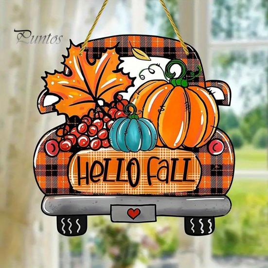 Retro Plaid Pickup Truck Decor Hello Fall Wooden Hanging Sign, Ornaments, Wall Pendant Front Door with Pumpkin And Maple Leaf for Autumn Harvest