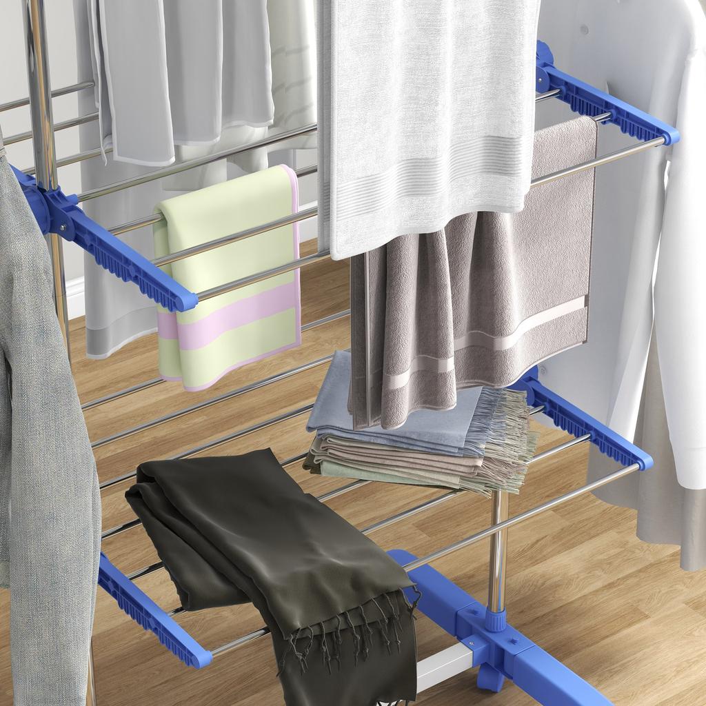 Foldable 3-Tier Clothes Drying Rack with Side Wings, 142x55x152cm, Blue