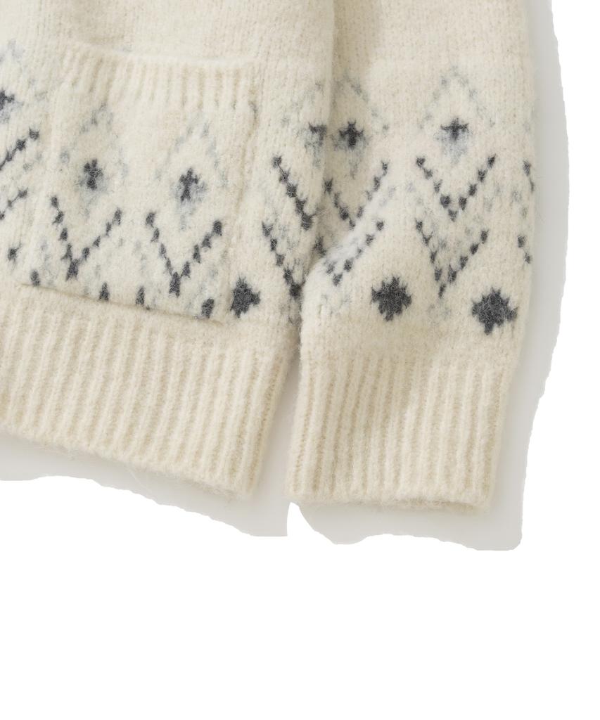 Knitted Bulky Wool Diamond Zip-Up Ivory