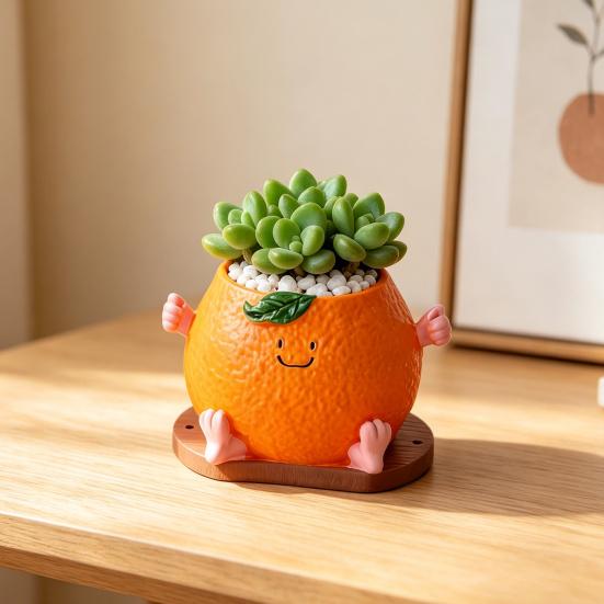 Cute Smiling Orange Succulents Planter, Realistic Orange Shaped Pot with Wooden Base, Kawaii Desktop Decor for Office Desk, Indoor Small Plant Pot
