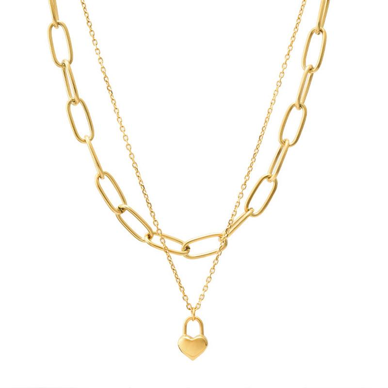 18K Gold Plated Layered Heart Lock Pendant Necklace, Dainty Chunky Paperclip Chain Double Layer Choker for Women, Trendy Jewelry