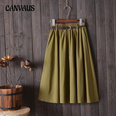 Summer Women's College Style Fresh Literary A-line Skirt Mid-length Half-body Skirt with Belt