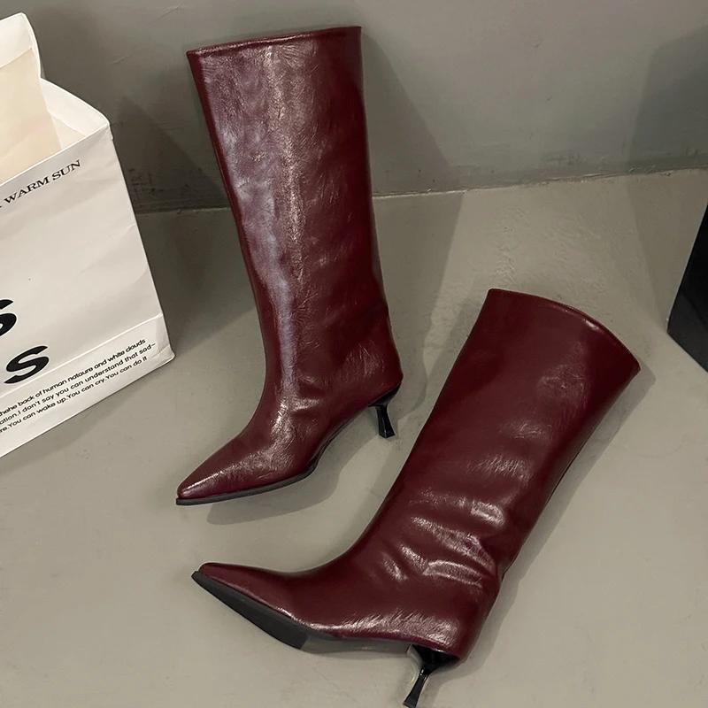 Vinter Tunna Låga Klackar Dam Knähöga Stövlar Mode Spetsig Tå Bröllopsfest Skor Damer Eleganta Slip-On Långa Ankelstövlar