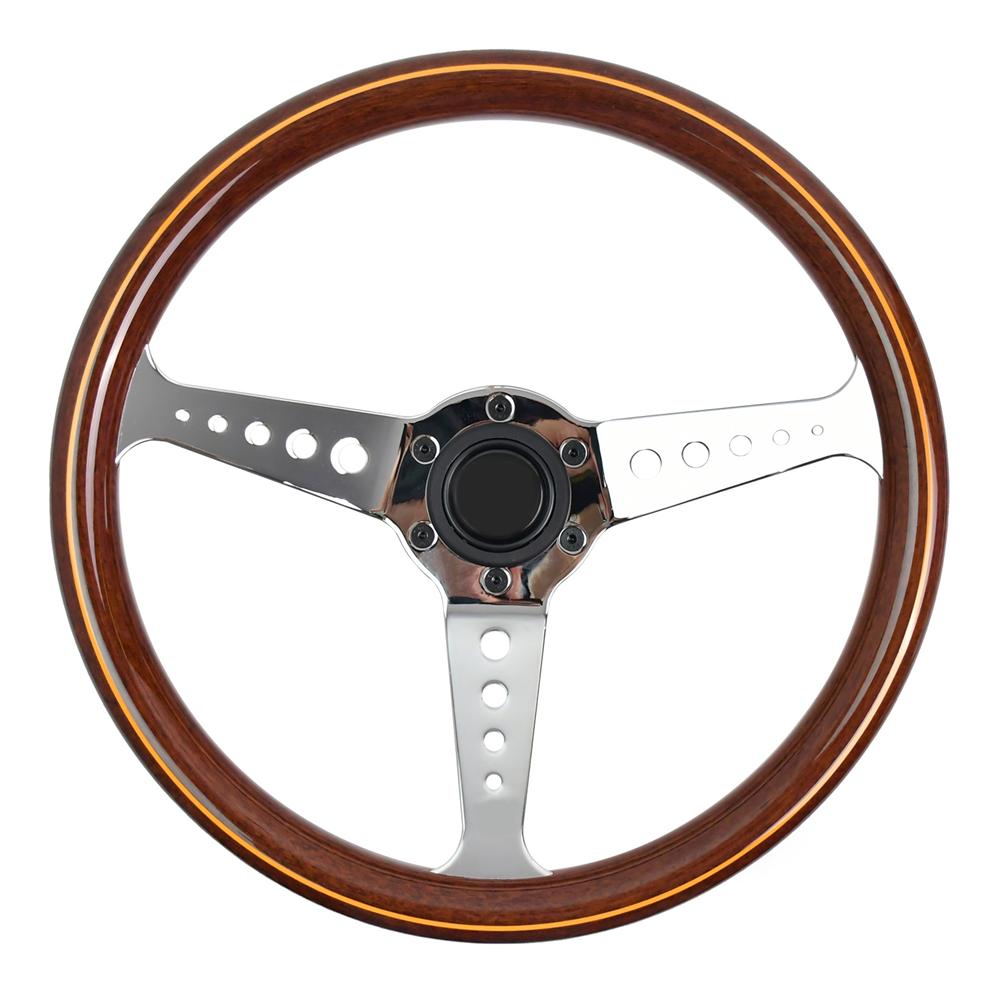 Volante Retrò Classico Effetto Legno 350mm Argento 3 Raggi Foro Tondo Staffa Volante da Corsa con Linee Gialle