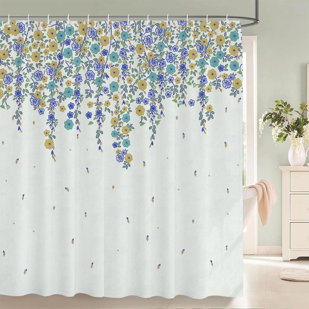 

Plum Blossom Flower Leaves Shower Curtain Watercolor Plant Floral Pattern Waterproof Polyester Bathroom Curtain Decor With Hooks W90xH180cm