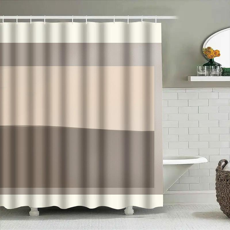 Modern Bathroom Decor Shower Curtain Set With Soft Fabric For Bathing Room Beige Tan Stripes Pattern (180 X 240 Cm)