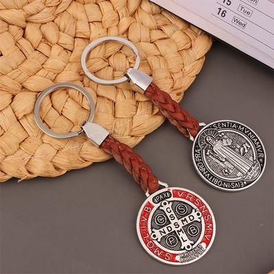 1Pc Vintage Saint Benedict Pu Leather Keychain For Men Women Bag Charm Ornaments Religious Gift