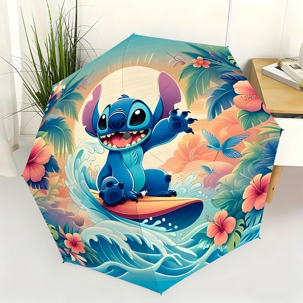 1pc Disney Stitch Surf Automatic Umbrella, All-Weather Folding Umbrella for All Occasions, Portable Compact Umbrella, Christma