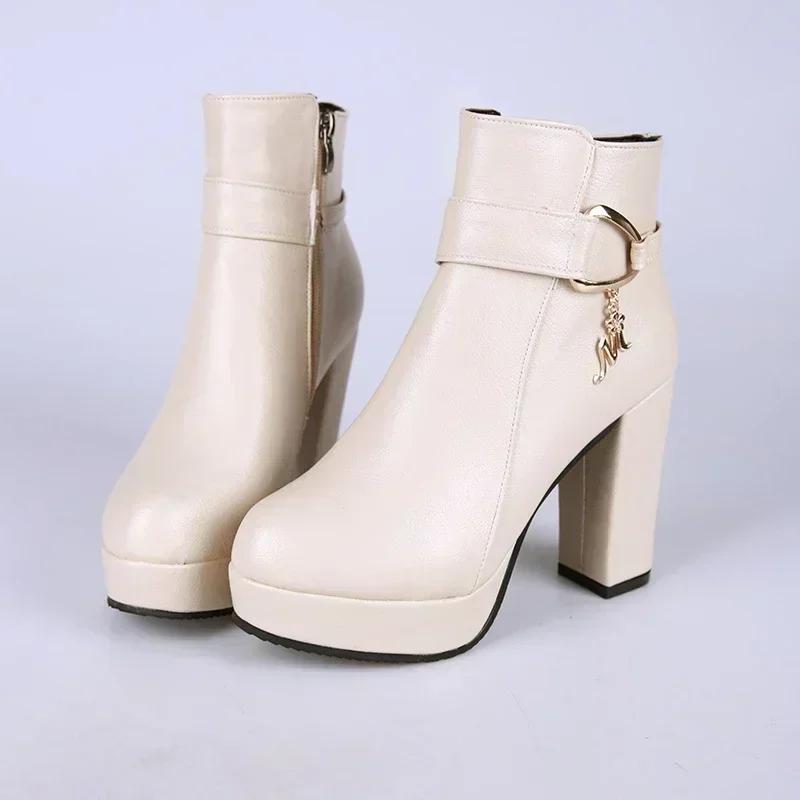 Fashion 2025 Women's High Autumn Winter Chunky Heel Platform Shoes Side Zippers Ankle Boots Plus Size 33-42