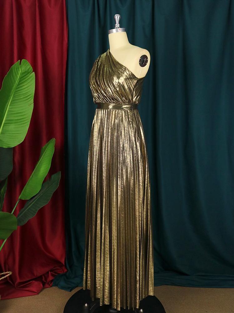 Luxuriöses Elegantes Langes Maxi Partykleid Damen Ein Schulter Ärmellos Glänzend Metallic Plissiert Glitzernde Abendkleider Schimmernde Outfits