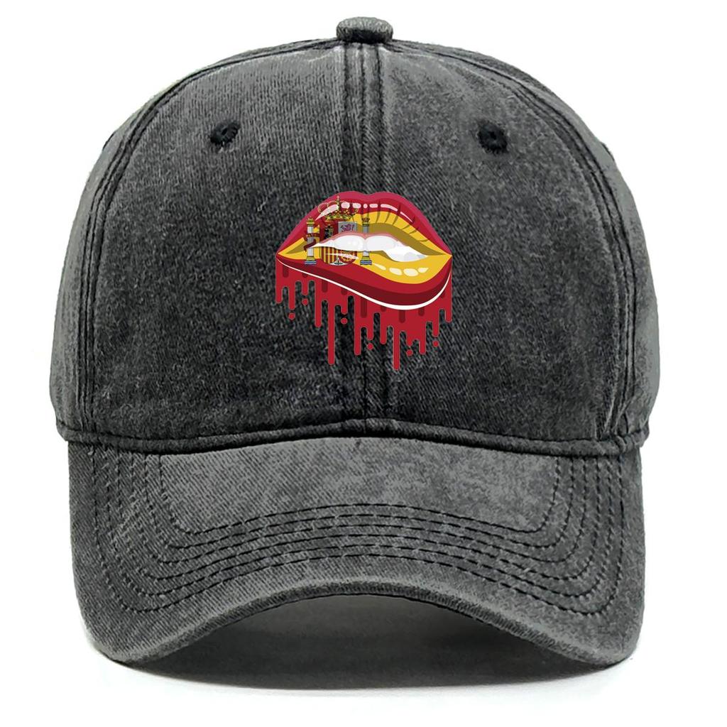 Spain Flag Lip Print Snapback Baseball Hat, Patriotic Sports Hat Vintage Hip Hop Breathable Distressed Adjustable Baseball Cap