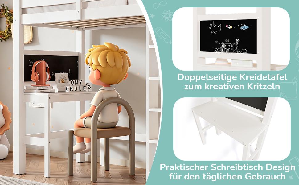 (=AB30624901W)Letto a soppalco per bambini, Scrivania, Armadio aperto e Scaffali, Struttura a doghe e Protezione anticaduta, Superficie di riposo 90x200cm, Bianco (senza materasso)