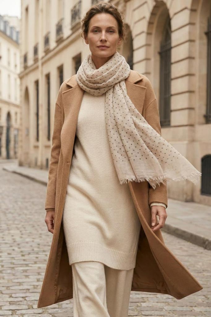 Cream Polka Dot Scarf - 50% Viscose, 50% Cotton