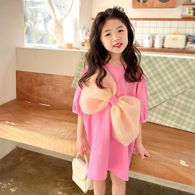 

Дитяча сукня для дівчат Літні сукні з круглим вирізом і пухами, короткими рукавами, великим бантом, довгі футболки, повсякденний одяг 9