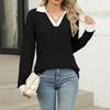 Women's Fashionable Lapel Long Sleeved Color Blocked Loose Casual Pullover Top
