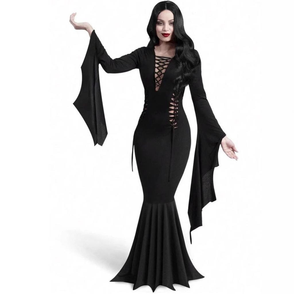 Gothic Vintage Dress Halloween Women V Neck Patchwork Hollow Out Flare Sleeves Halloween Cosplay Long Party Dress