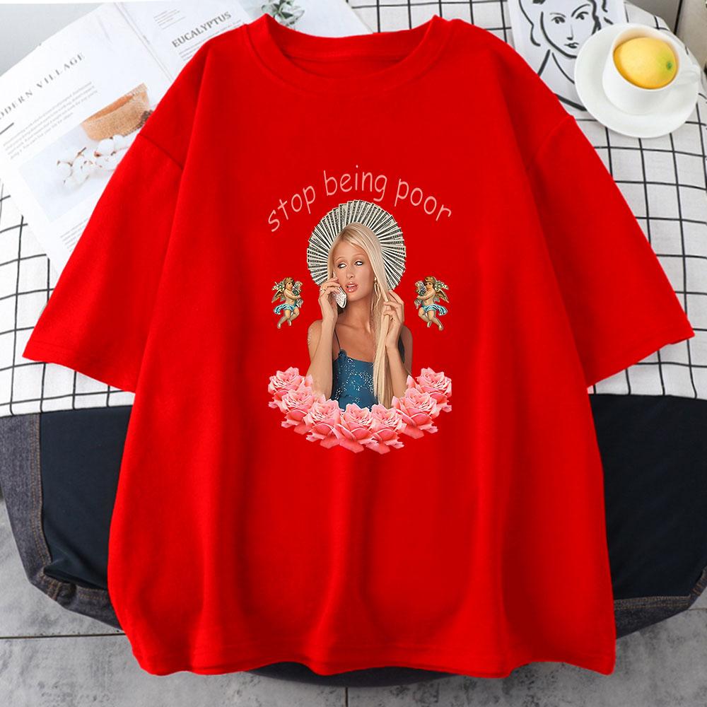 Хватит быть бедным Футболка с графическим принтом Пэрис Хилтон Хип-хоп Готическая футболка Летняя Панк Футболка с круглым вырезом Женская Модная одежда S