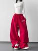 2026 Fall/Winter Red High-Waisted Wide-Leg Women's Sweatpants - Slimming, Casual, Sporty, with Drawstring, Long and Loose Fit.