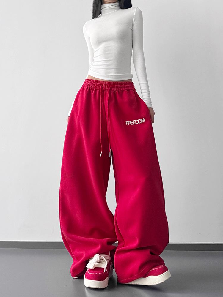 2026 Fall/Winter Red High-Waisted Wide-Leg Women's Sweatpants - Slimming, Casual, Sporty, with Drawstring, Long and Loose Fit.