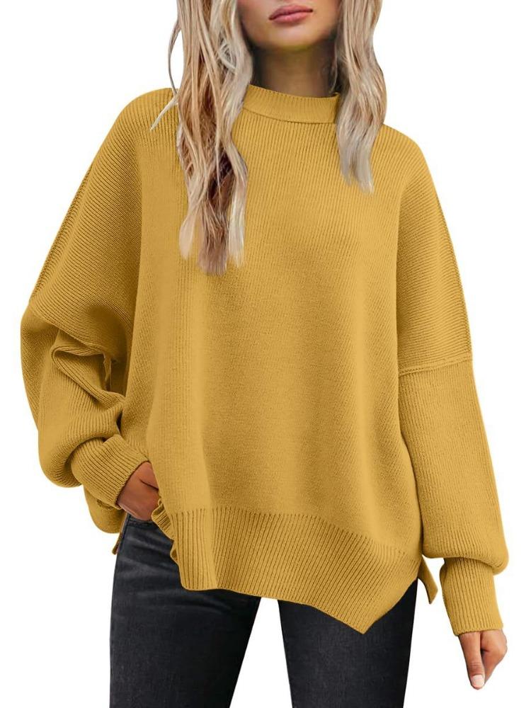 Women's Round Neck Batwing Sleeve Long Sleeved Ribbed Knit Sweater with Side Slit Pullover Luxurious Relaxed-fit Slimming and Versatile Top
