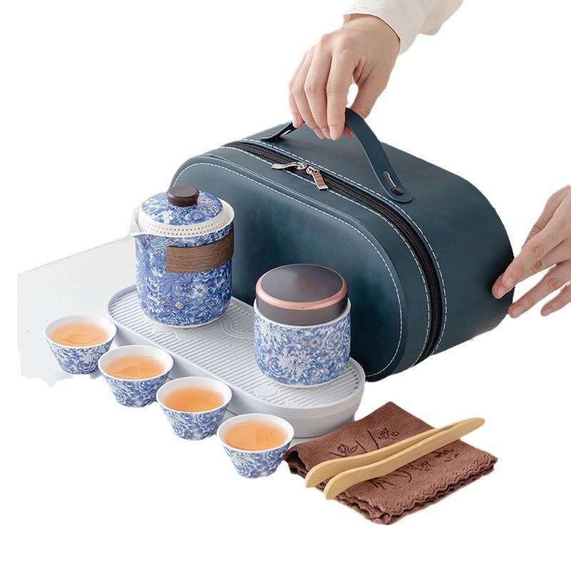 Dehua white porcelain light luxury national style flower tea set Lingxue pot outdoor camping travel set business