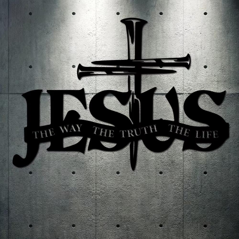 Enkelbitad Metall Jesus Väggkonst Prydnad Horisontellt Orienterad Religiös Symbol med Kors, Sanning Liv Skrift