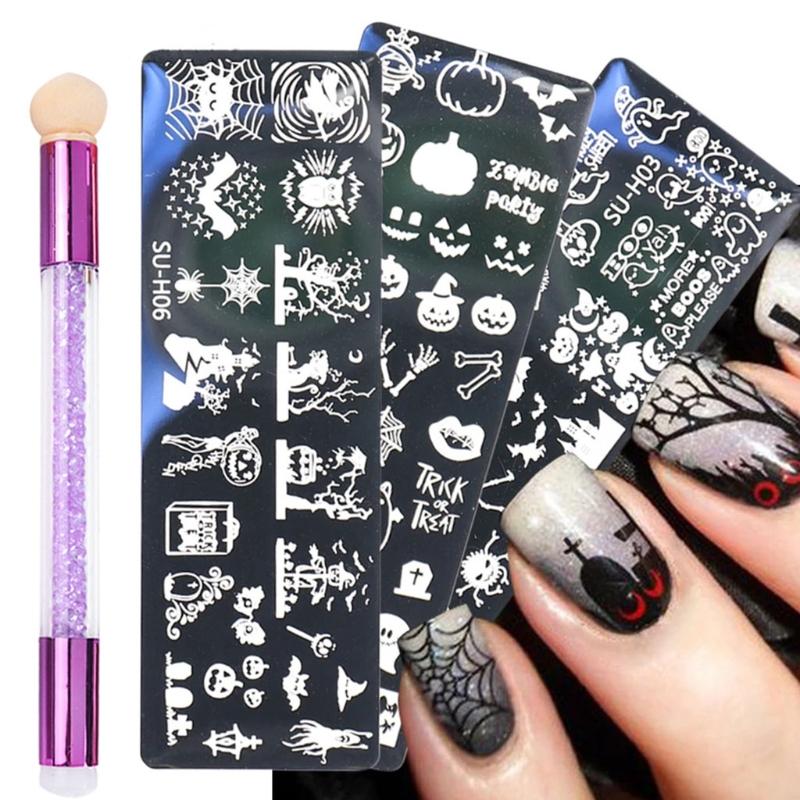 Nail Art Stamping Plates Stainless Steel Brush Pumpkin Bats for Image Halloween