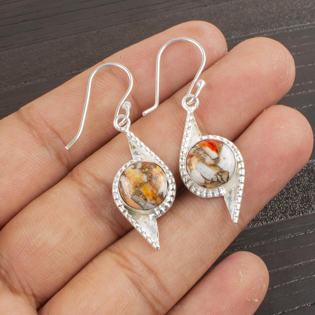 Orange Copper Turquoise Gemstone Jewelry, 925 Sterling Silver Earrings, Handmade Balancing Earrings For Wedding Gift