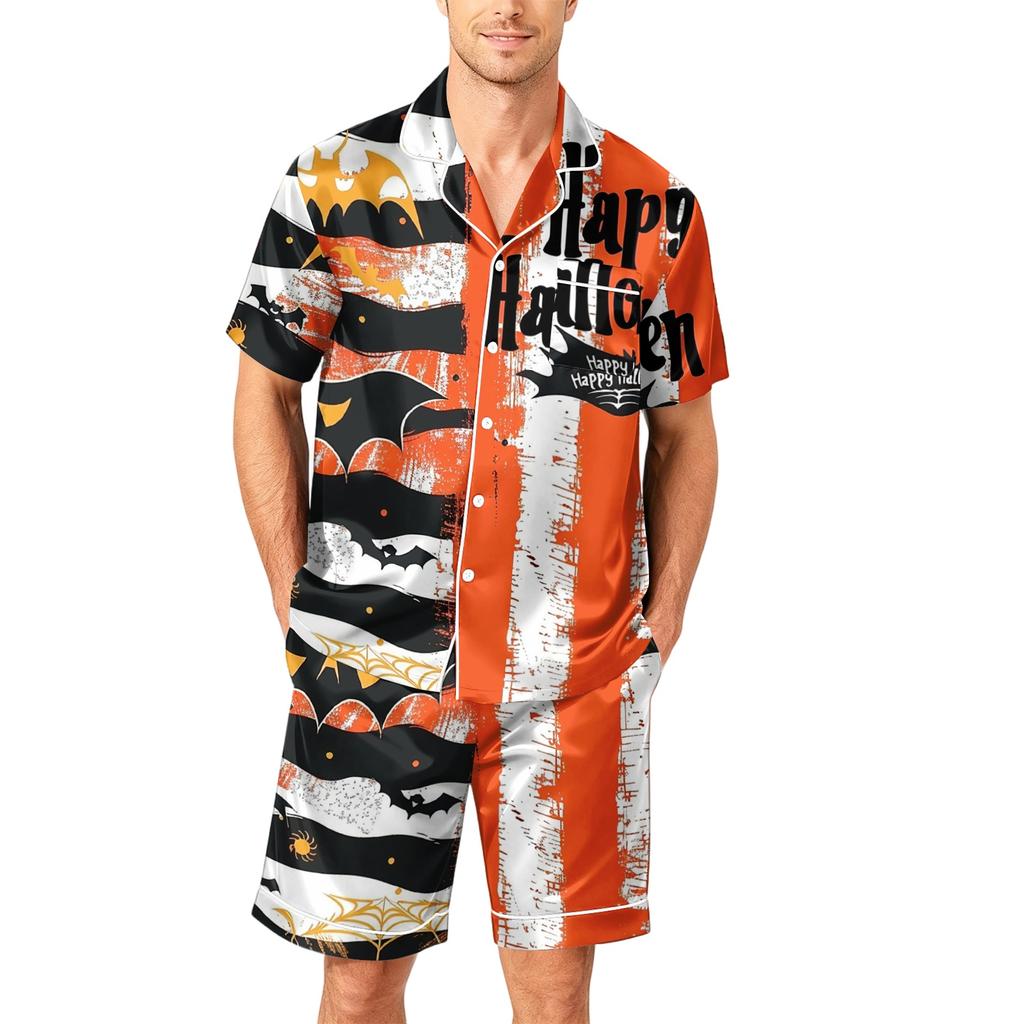 Men's Short Sleeve Pajama Set Button Down Shirt with Curved Hem and Matching Shorts Soft Casual Lounge Sleepwear S To XXXXL