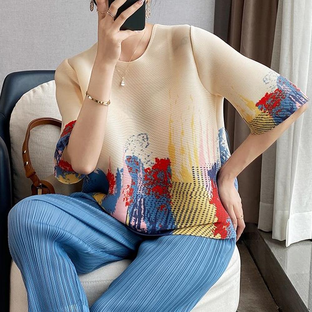 Wrinkled Spring Clothes Printed Mother Loose Sweater Mid-sleeve Summer Bottoming Shirt