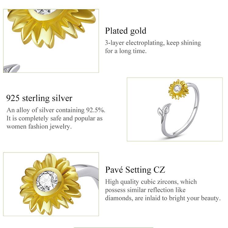 BAMOER Inel ajustabil în formă de floare de soare, din argint 925, zircon strălucitor, pentru femei, bijuterii fine elegante