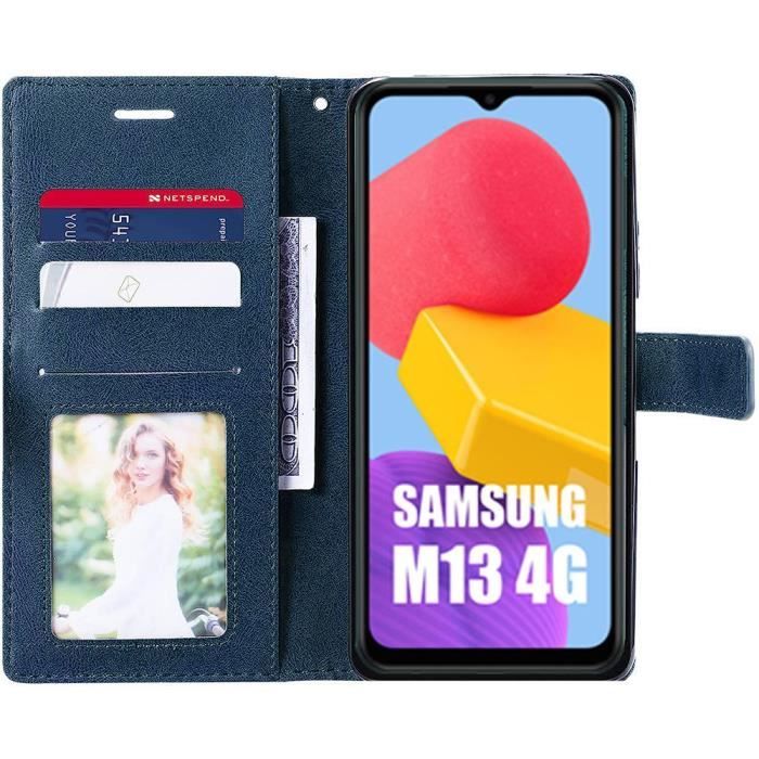 Coque pour samsung galaxy m13 protection 360 effet cuir flip case bleu marine