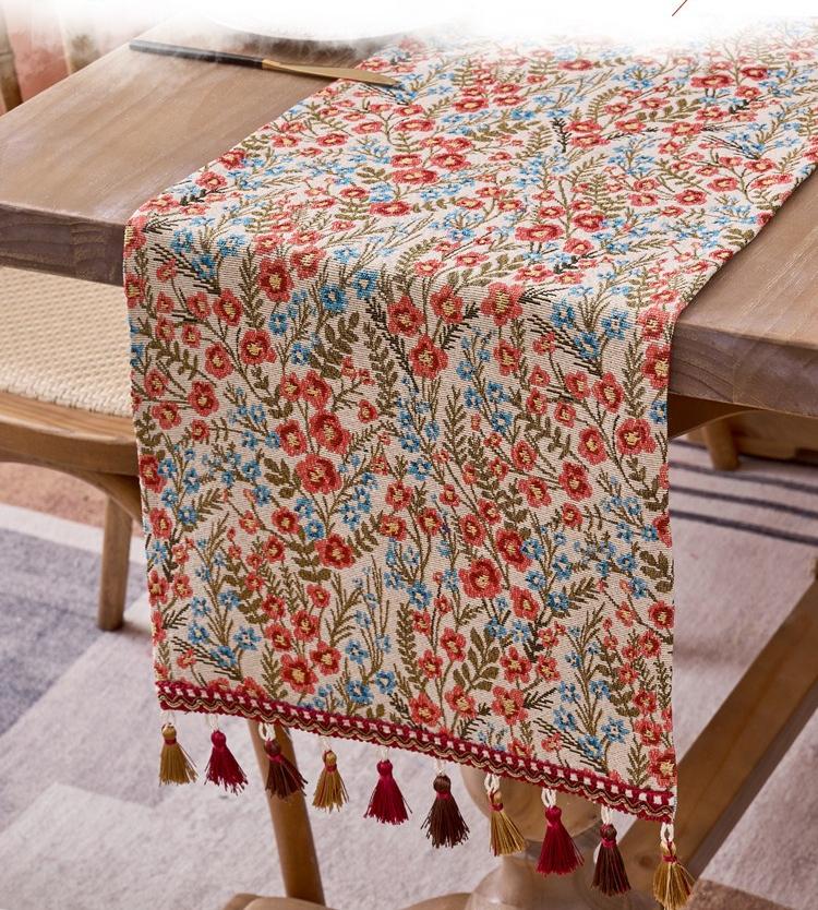 Floral Table Runner Spring Vintage Rose with Leaves Tassels Farmhouse Table Runners Decor for Dining Kitchen Table Wedding