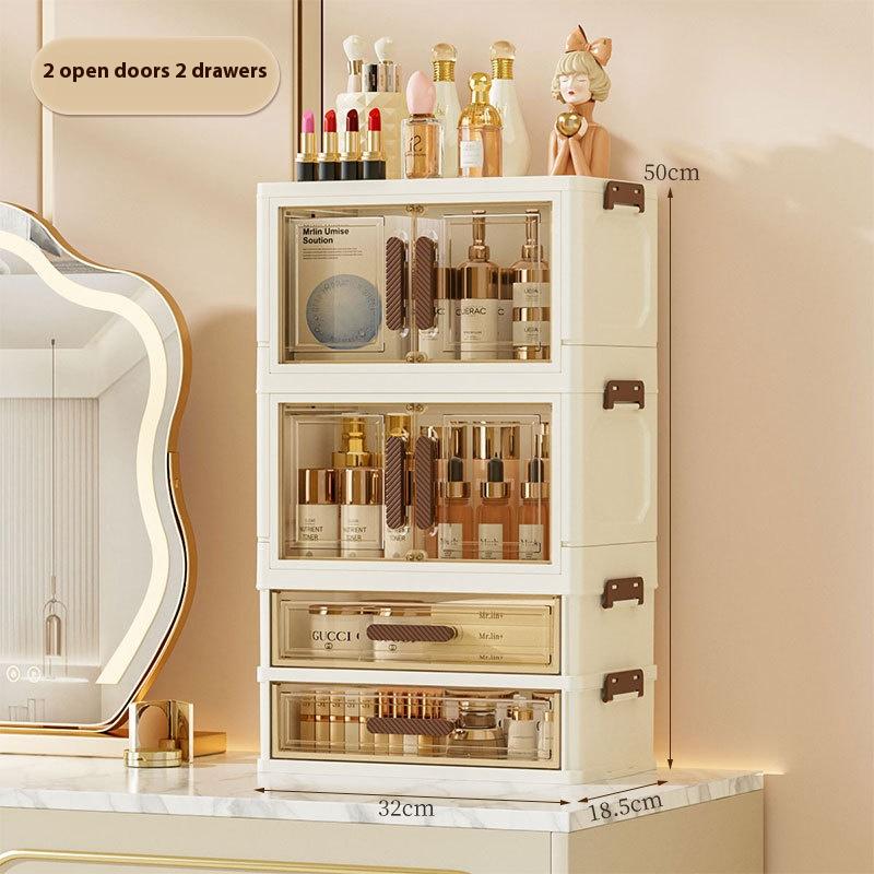Cosmetic Storage Box Desktop Drawer Type Dust-proof Stackable & Collapsible Large Organizer Box with Transparent Double-door