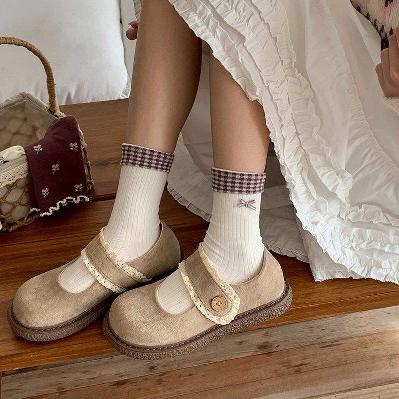 Female Spring and Autumn Sweet Flanging Bow Berry Purple Lattice Boneless Tube Pile Socks