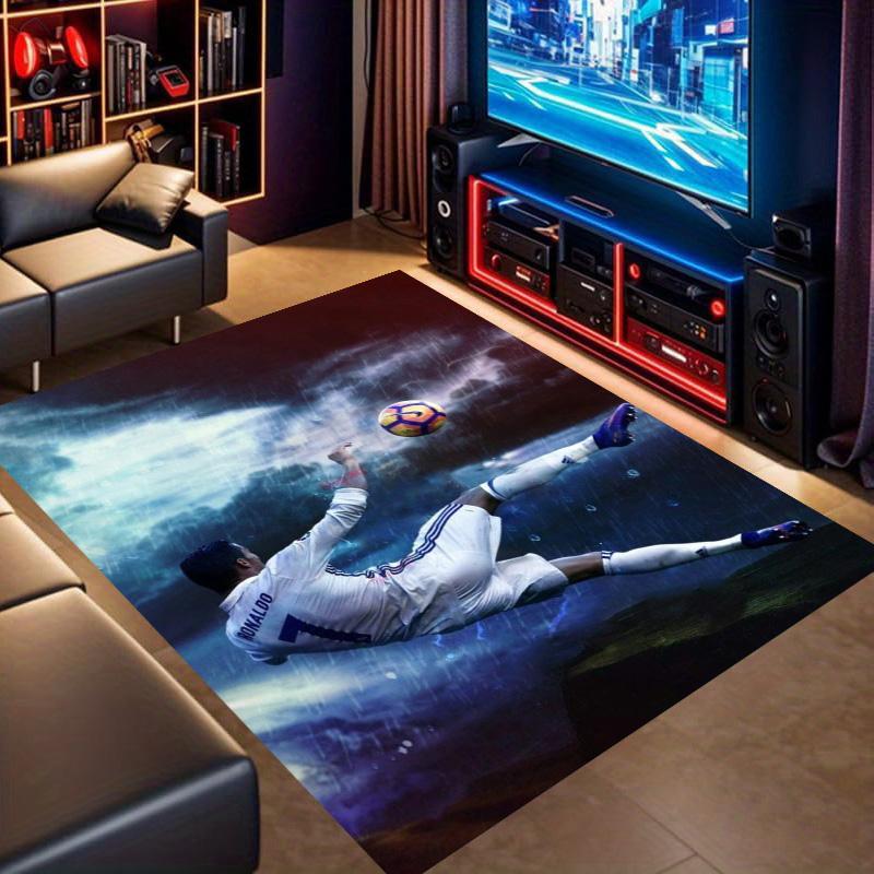 Rainy Sky Bicycle Kick Football Player Print Area Rug, Sports Fan Non‑Slip Floor Mat for Living Room Bedroom Home Decor