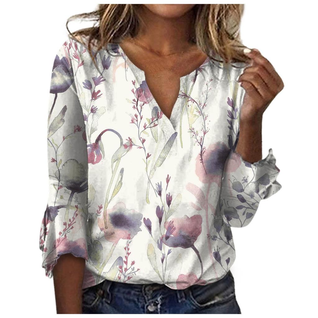 Women's Loose Casual Three-quarter Sleeves V-neck Lace Floral Print T-shirt Top