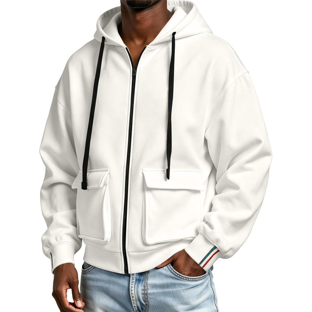 Men's Color Zip-Up Hooded Sweatshirt with Large Pockets for Winter