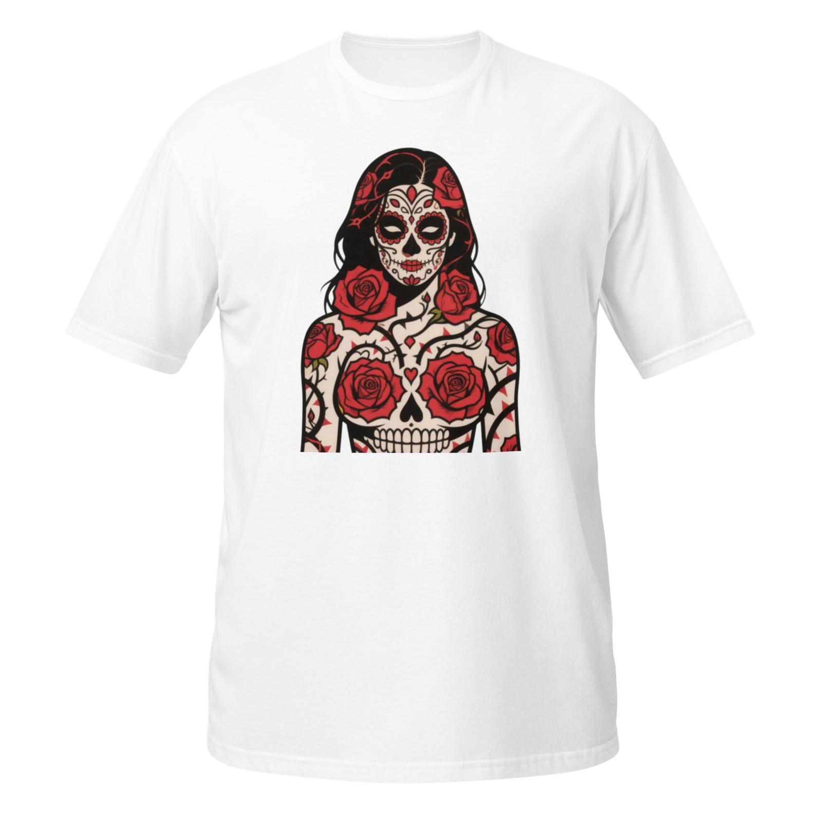 Sugar Scull Woman Unisex T-Shirt, Gothic Roses Day of The Dead Rock S