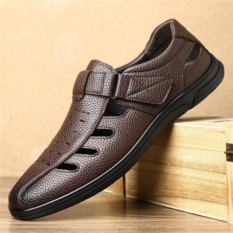 Summer Fashion New Men's Leather Breathable Casual Hole Shoes Father Anti-slip Soft Bottom Father Hollow Out Leather Sandals
