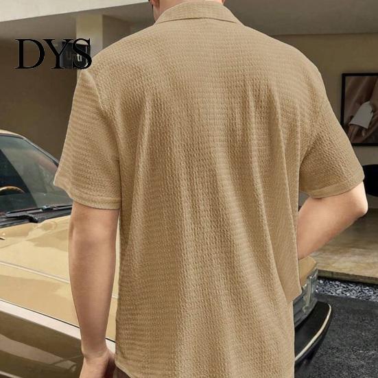 Casual Top Summer Spring Men Shirt Turn-down Collar Water Wave Texture Single-breasted Commute Loose Solid Color Short Sleeves Office