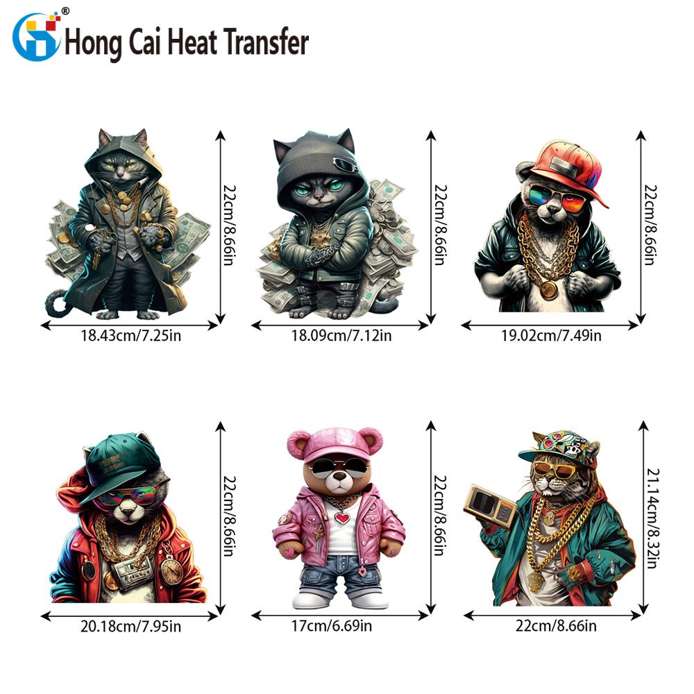 Hongcai PET Material Heat Transfer Film Sticker Cat Bear Pattern for Hip Hop Style Iron-On Garments Transfer Paper & Film