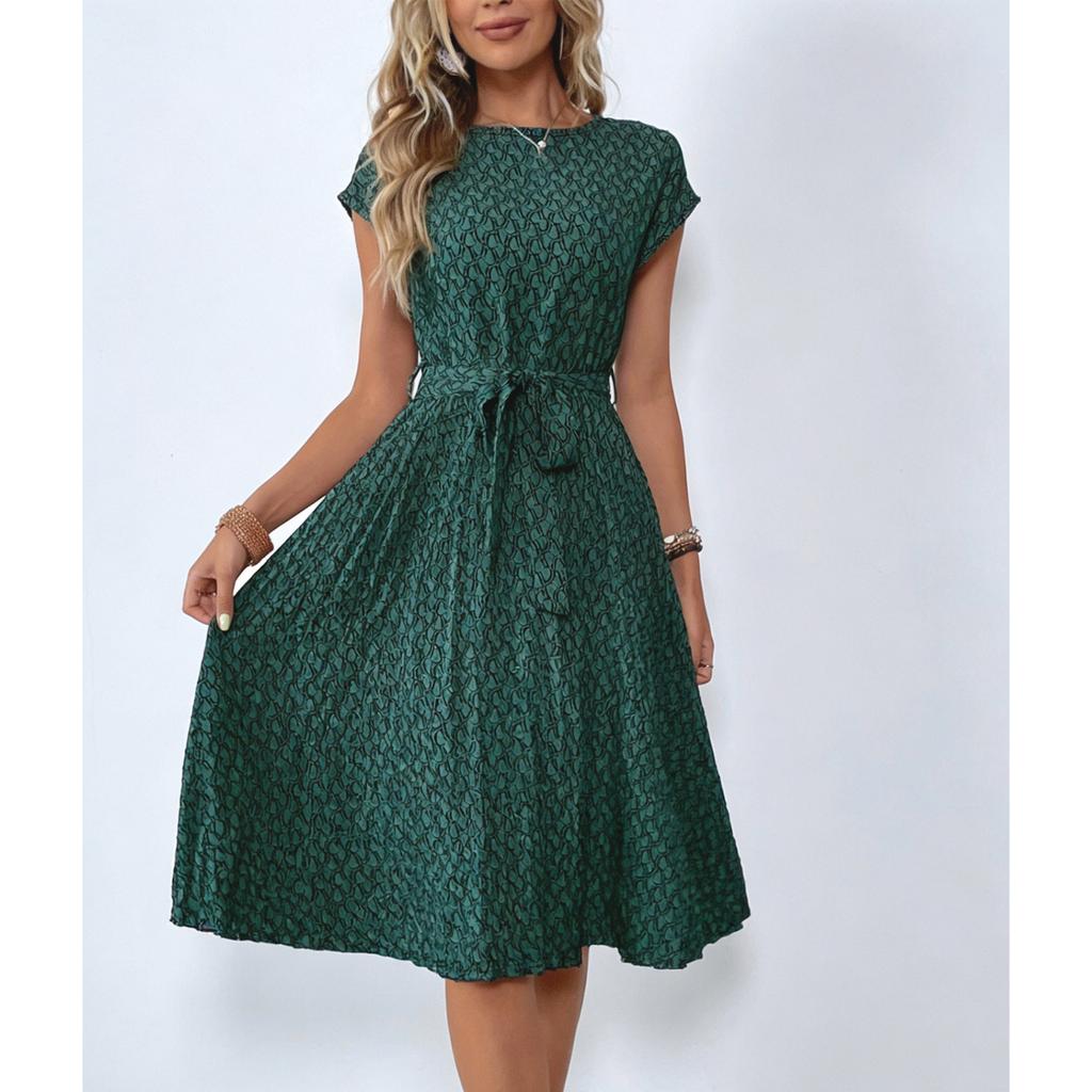Womens Casual Midi Dress Short Sleeve Round Neck Tie Waist Printed A Line Dress for Daily Wear Work and Outdoor
