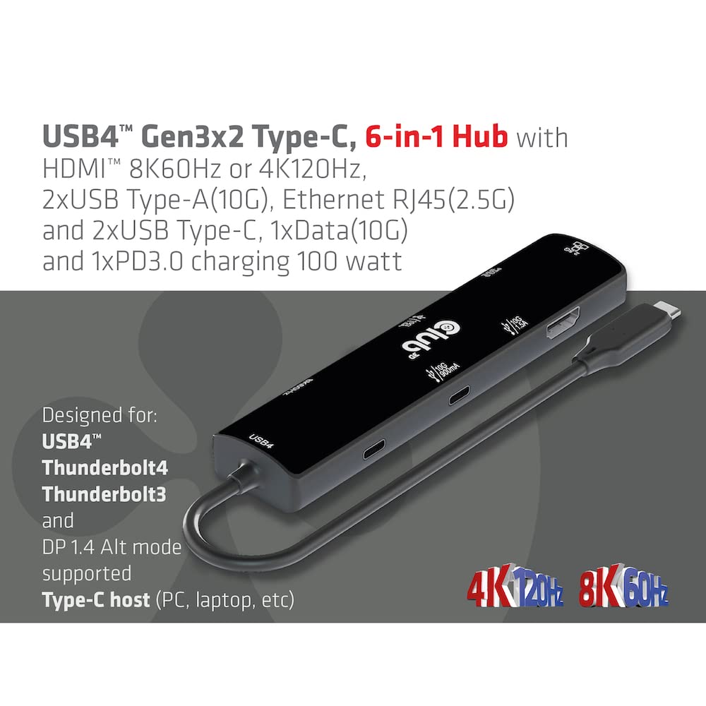 Club 3D USB4 Gen3x2 Hub HDMI 8K60Hz or 4K120Hz 2xUSB Ethernet 1xUSB 1xUSB Charging 100W Type-C 6-in-1 / Type-A (10G) / RJ45(2.5G) / Type-C Data(10G) /
