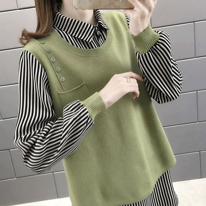 

Поддельные две футболки, женская блузка, весенне-осенняя свободная корейская трикотажная одежда с длинными рукавами, женская мода, универсальная женская одежда XXL зелёный