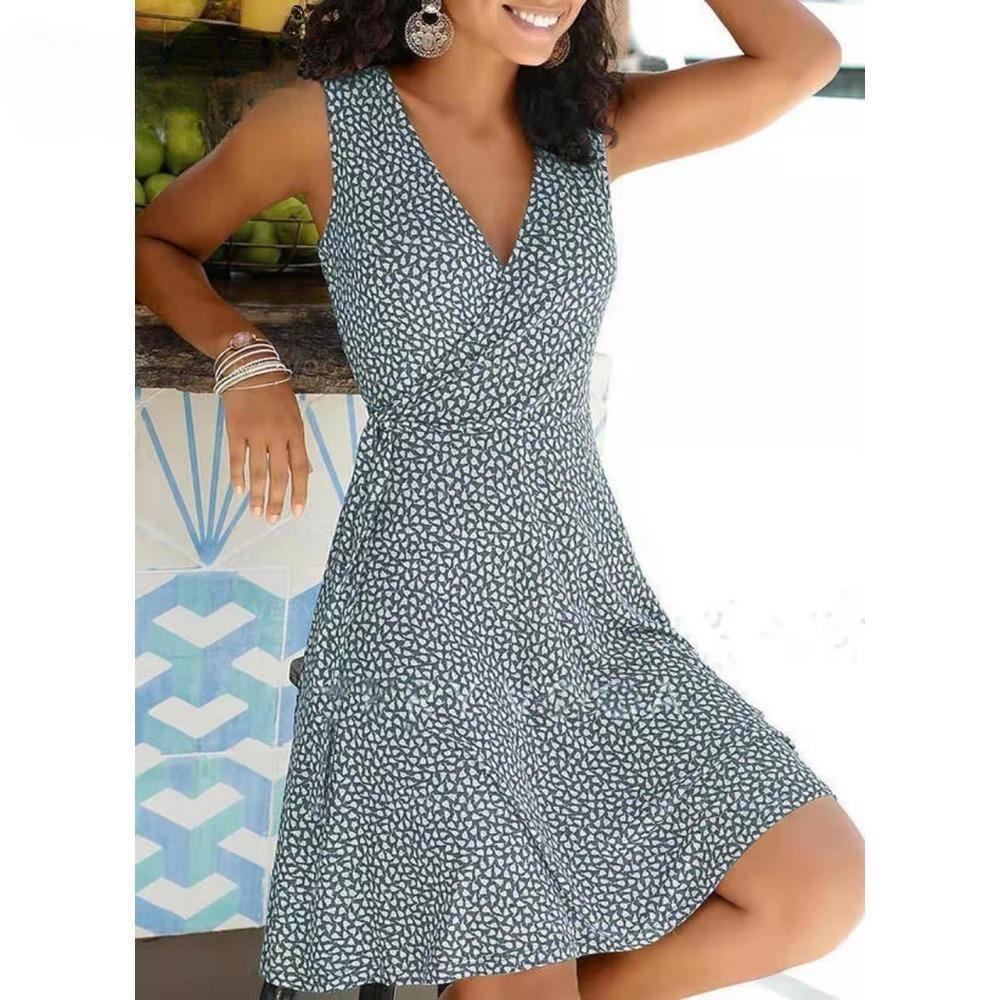 שמלת הדפס נקודות לנשים ללא שרוולים תחבושת שמלת חוף שמלות בוהמיות קיציות לנשים שמלות וי צוואר קז'ואל חלוק נשי