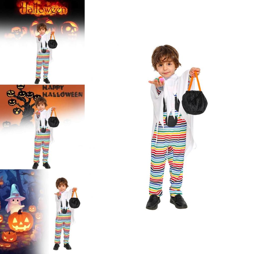 Halloween Child Costume For Kids With Polyester Fabric And Playful Striped Ghost Design For Party Performance